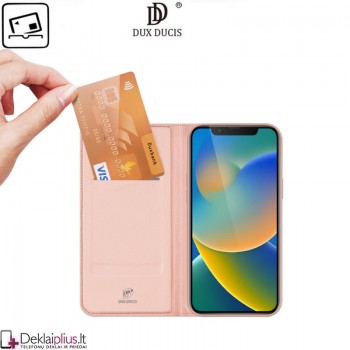 Dux Ducis dirbtinės odos atverčiamas dėklas - rausvas (telefonams Apple Iphone 14 Plus)